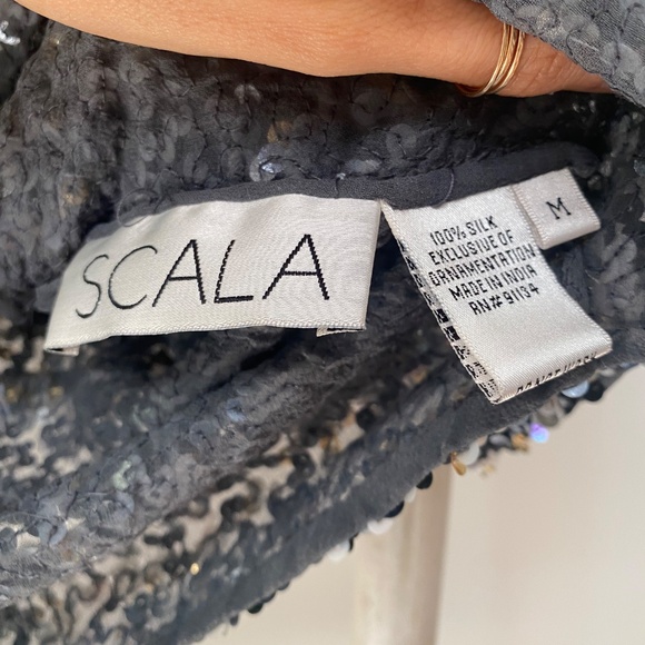 SCALA 100% Silk Silver Sequin Embellished Short-Sleeved Bolero Jacket Size M - Picture 3 of 6